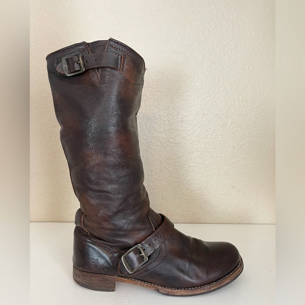 Frye Vintage Veronica tall buckle Slouchy Moto Boots in chocolate brown. 11 - Picture 4 of 15